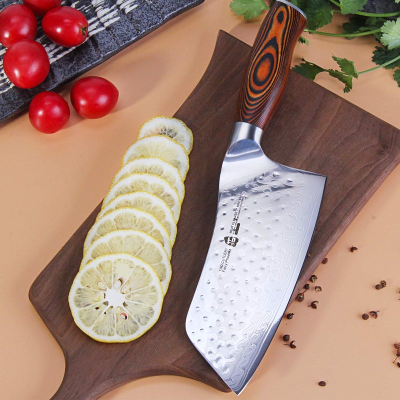 TUO Cutlery Cleaver Knife - Japanese AUS-10 Damascus Steel Hammered Finish - Chinese Chef's Knife for Meat and Vegetable with Ergonomic Pakkawood Handle - 7" - Fiery Phoenix Series - Image 4